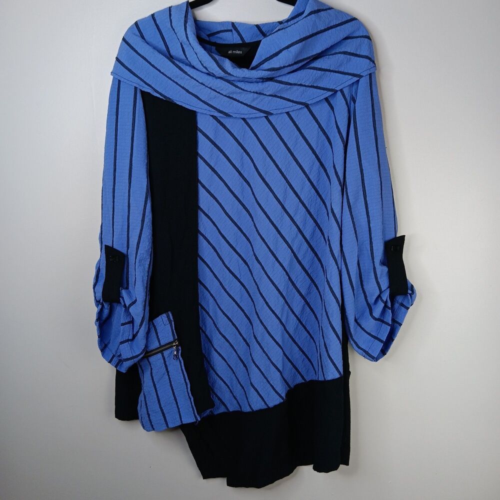 Ali Miles Tunic Top Womens Cowl Neck Oversized Crinkled Striped Purple Lagenlook